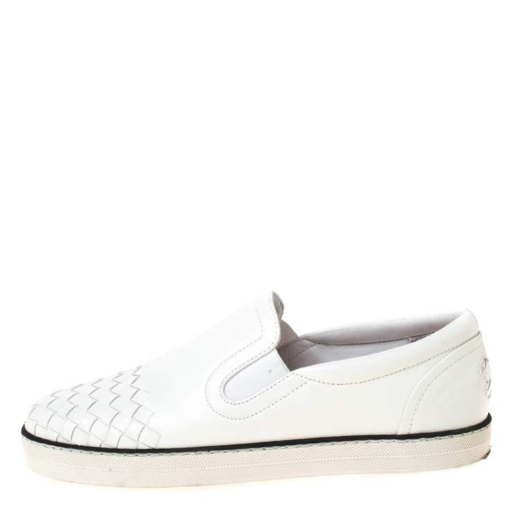 Pre Owned Bottega Veneta White Intrecciato Leather Dodger Slip On Sneakers Size 37.5