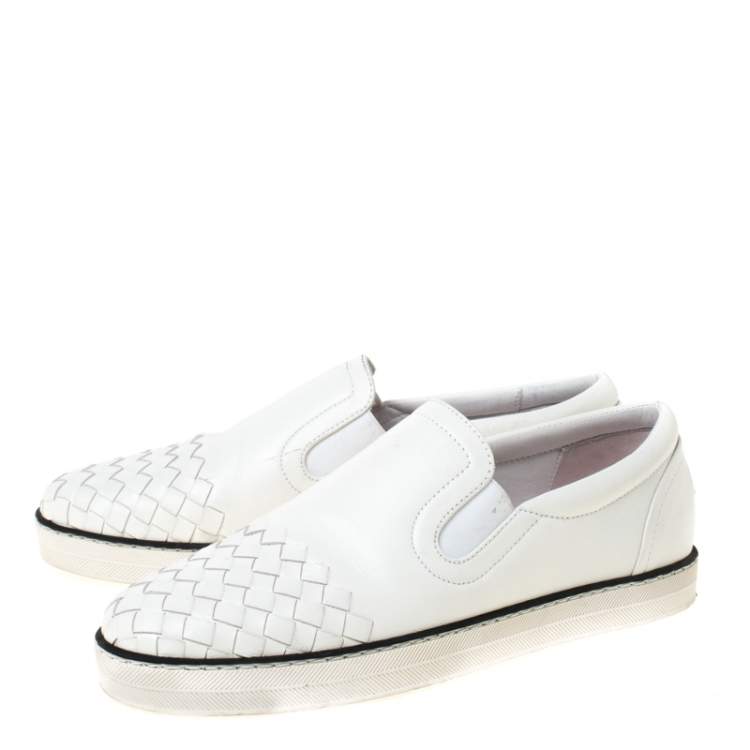 Pre Owned Bottega Veneta White Intrecciato Leather Dodger Slip On Sneakers Size 37.5