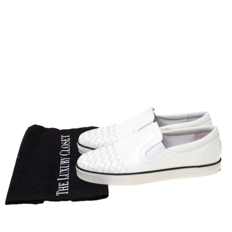 Pre Owned Bottega Veneta White Intrecciato Leather Dodger Slip On Sneakers Size 37.5