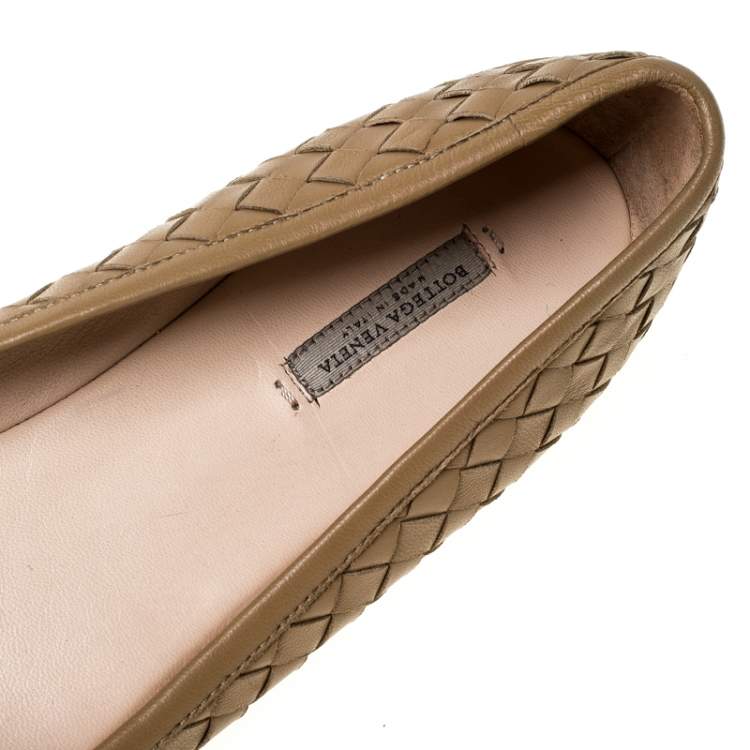 Pre Owned Bottega Veneta Beige Intrecciato Leather Bow Ballet Flats Size 37