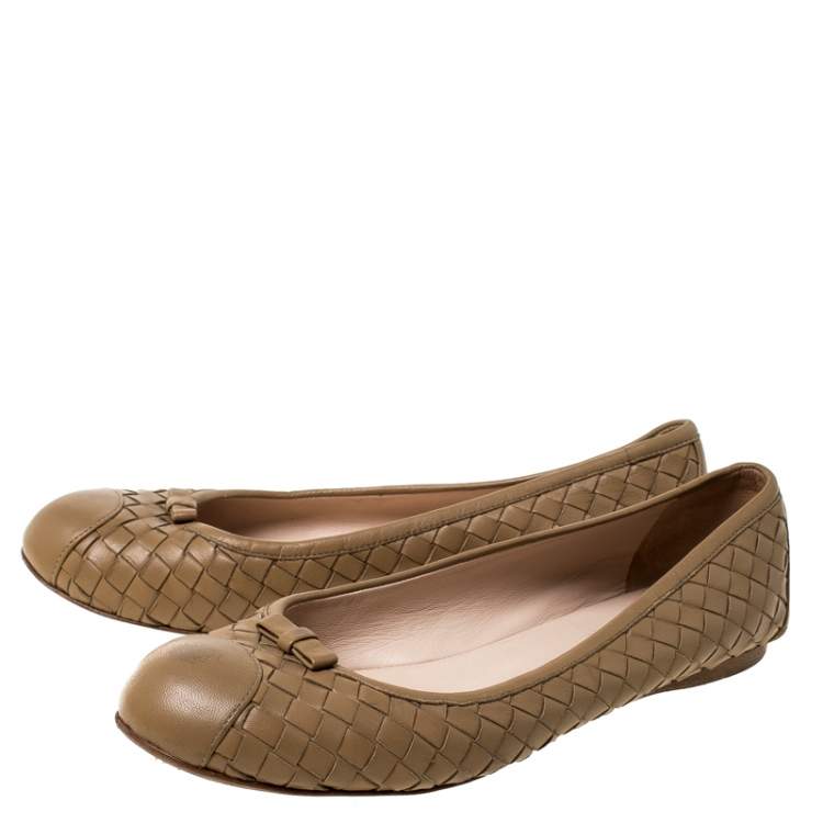 Pre Owned Bottega Veneta Beige Intrecciato Leather Bow Ballet Flats Size 37