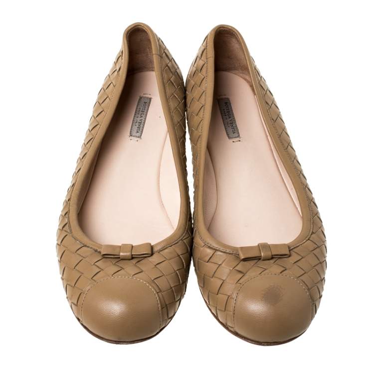 Pre Owned Bottega Veneta Beige Intrecciato Leather Bow Ballet Flats Size 37