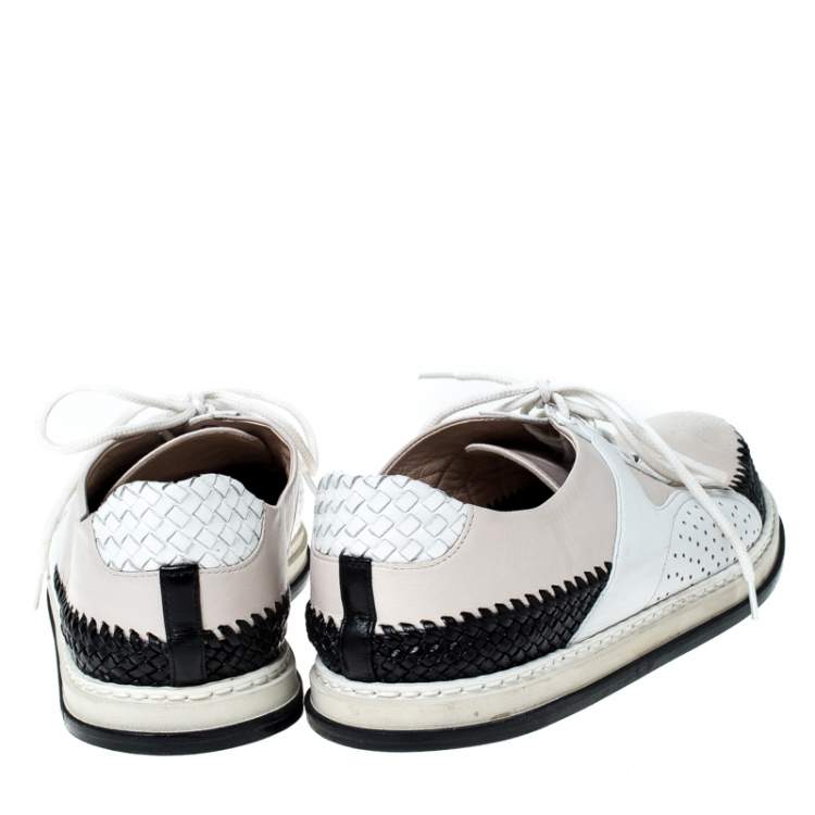 Pre Owned Bottega Veneta Tri Color Intrecciato and Perforated Leather Lace Sneakers Size 37