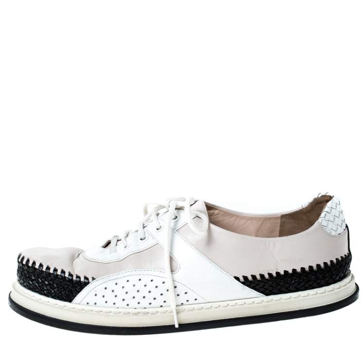 Pre Owned Bottega Veneta Tri Color Intrecciato and Perforated Leather Lace Sneakers Size 37