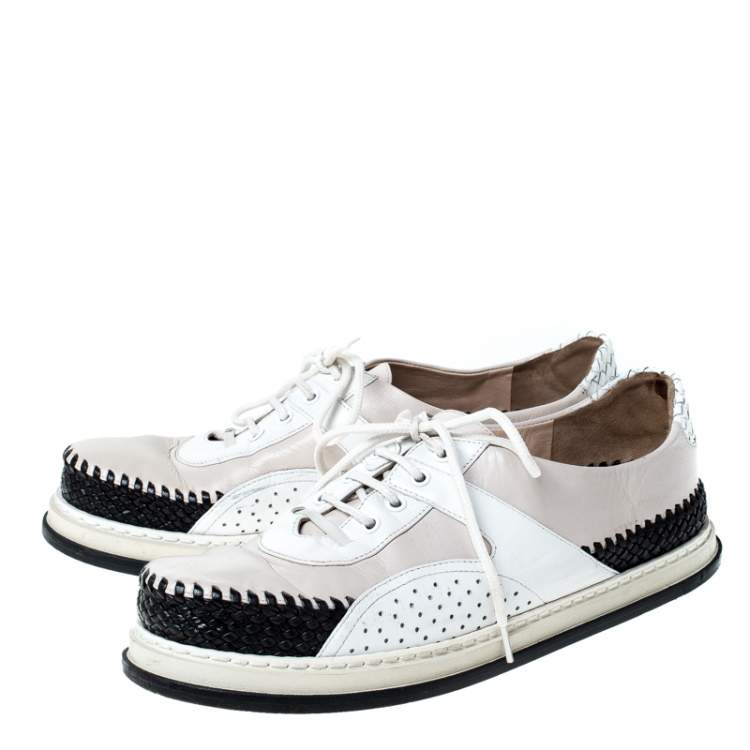 Pre Owned Bottega Veneta Tri Color Intrecciato and Perforated Leather Lace Sneakers Size 37