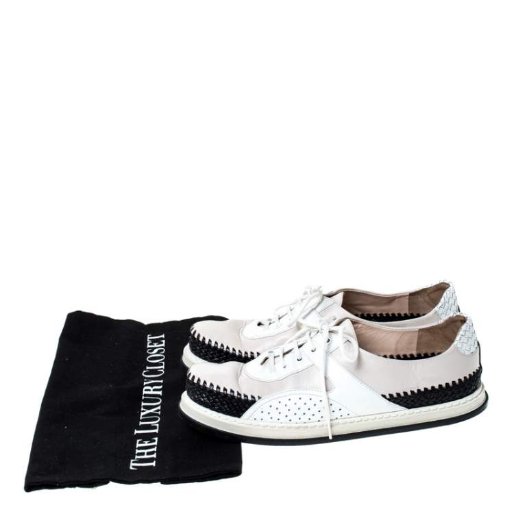 Pre Owned Bottega Veneta Tri Color Intrecciato and Perforated Leather Lace Sneakers Size 37