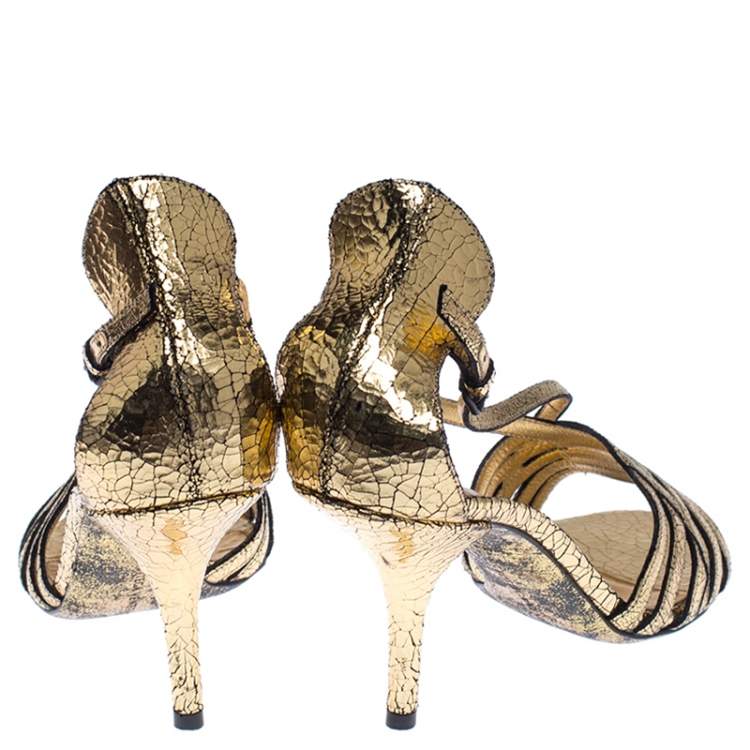 Pre Owned Bottega Veneta Metallic Gold Crackled Leather Strappy Sandals Size 39.5