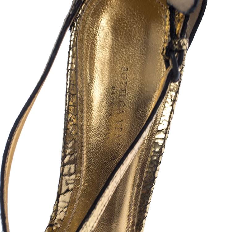 Pre Owned Bottega Veneta Metallic Gold Crackled Leather Strappy Sandals Size 39.5