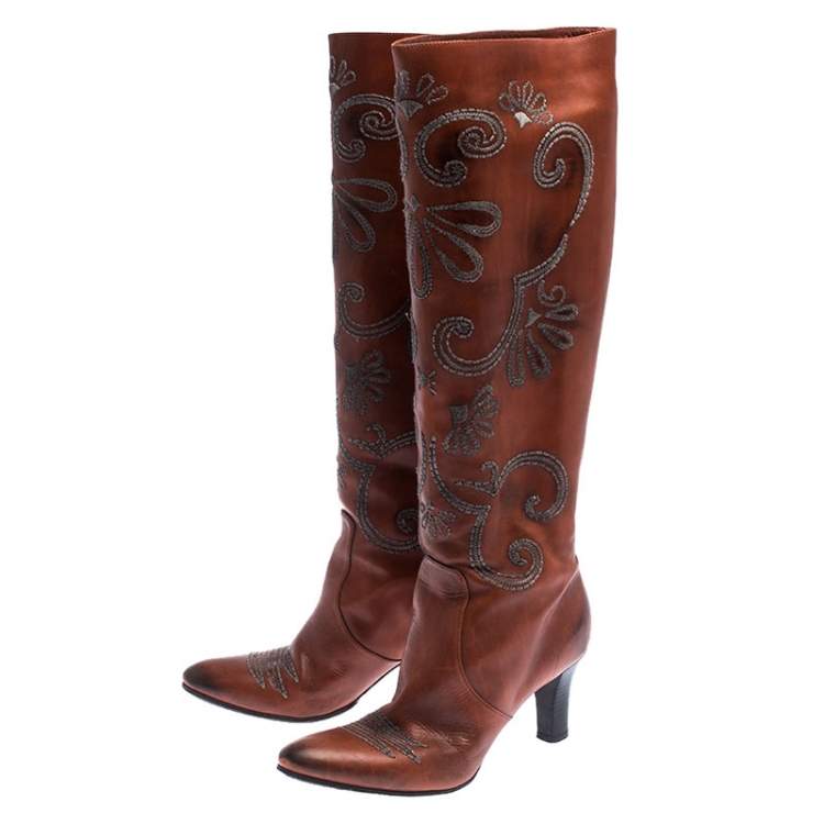 Pre Owned Bottega Veneta Cognac Embroidered Leather Knee Length Boots Size 39