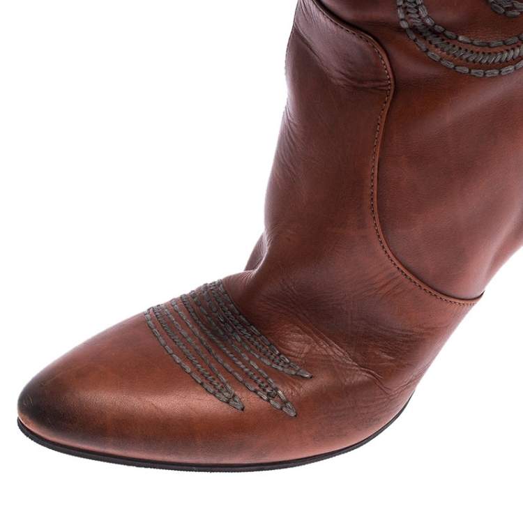Pre Owned Bottega Veneta Cognac Embroidered Leather Knee Length Boots Size 39