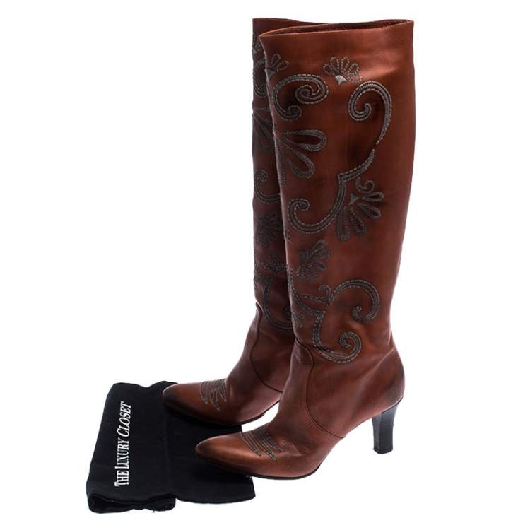 Pre Owned Bottega Veneta Cognac Embroidered Leather Knee Length Boots Size 39