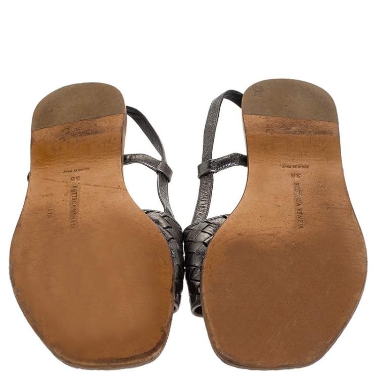 Pre Owned Bottega Veneta Metallic Intreciatto Leather Calvados Slingback Sandals Size 38