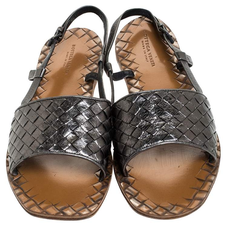 Pre Owned Bottega Veneta Metallic Intreciatto Leather Calvados Slingback Sandals Size 38