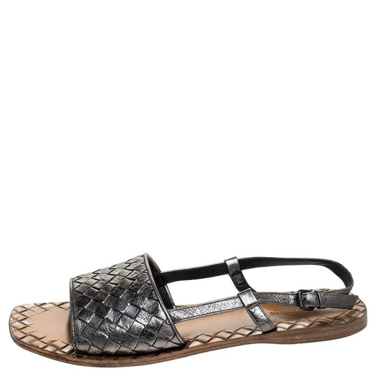 Pre Owned Bottega Veneta Metallic Intreciatto Leather Calvados Slingback Sandals Size 38