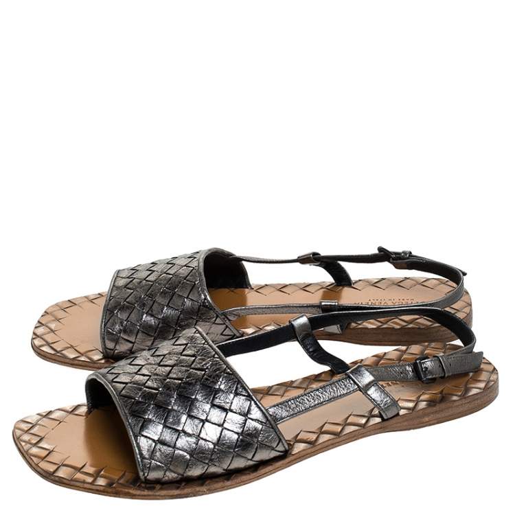 Pre Owned Bottega Veneta Metallic Intreciatto Leather Calvados Slingback Sandals Size 38