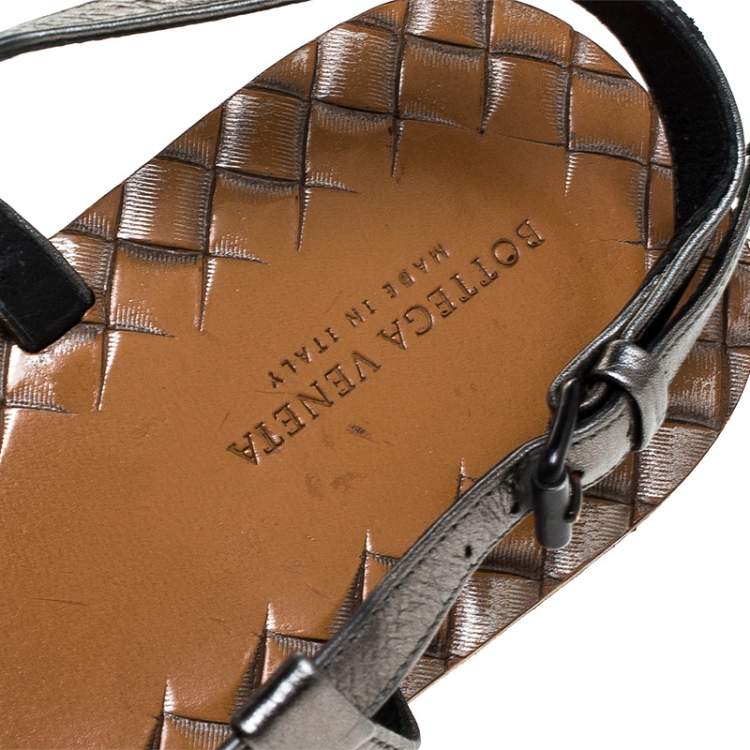 Pre Owned Bottega Veneta Metallic Intreciatto Leather Calvados Slingback Sandals Size 38