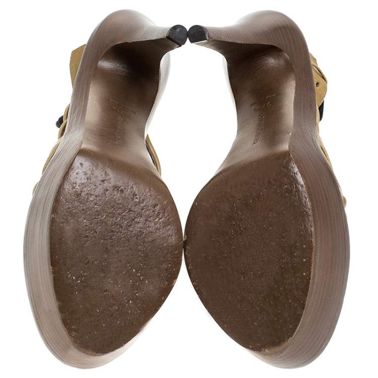 Pre Owned Bottega Veneta Beige Leather Cutout Platform Ankle Strap Sandals Size 37.5