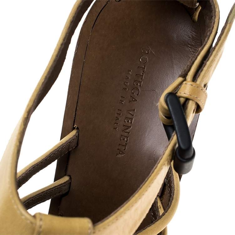 Pre Owned Bottega Veneta Beige Leather Cutout Platform Ankle Strap Sandals Size 37.5