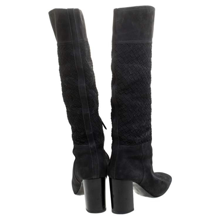 Pre Owned Bottega Veneta Navy Blue Suede Intrecciato Block Heel Knee Boots Size 38