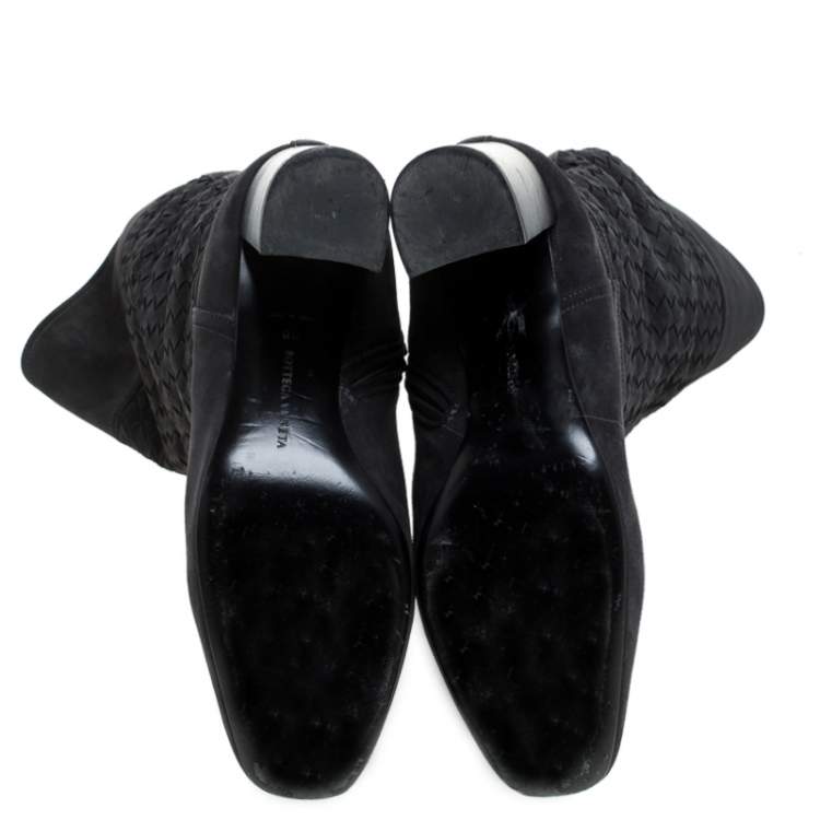 Pre Owned Bottega Veneta Navy Blue Suede Intrecciato Block Heel Knee Boots Size 38