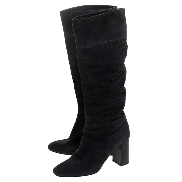 Pre Owned Bottega Veneta Navy Blue Suede Intrecciato Block Heel Knee Boots Size 38