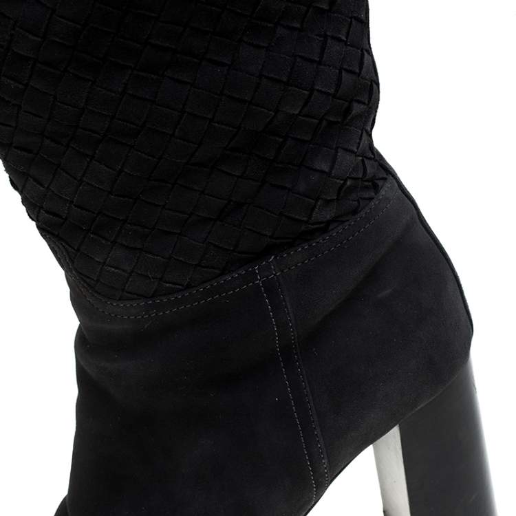 Pre Owned Bottega Veneta Navy Blue Suede Intrecciato Block Heel Knee Boots Size 38