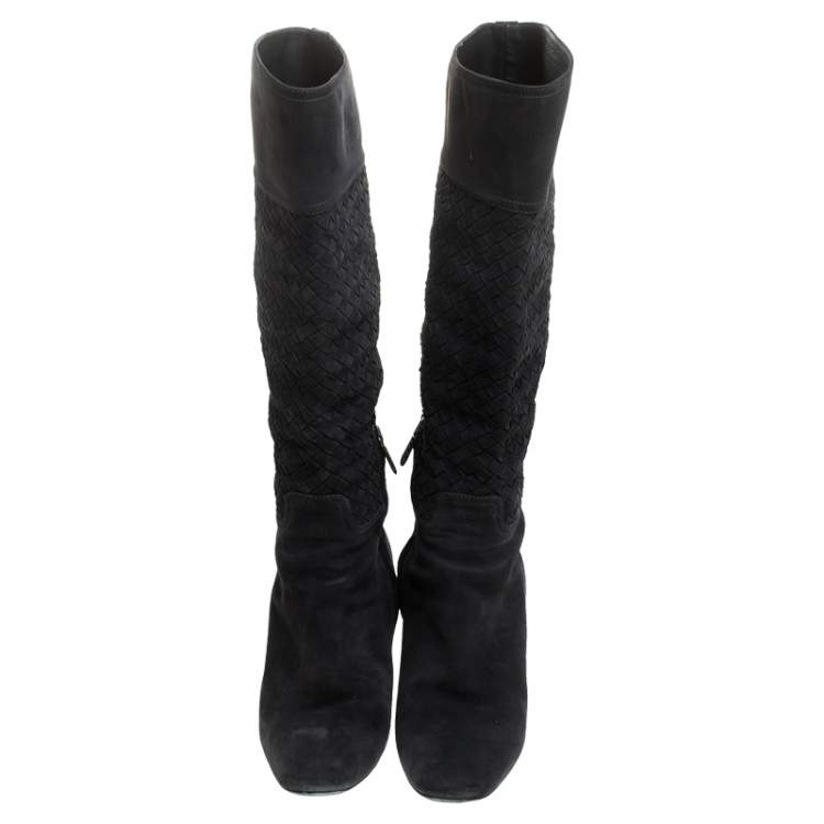 Pre Owned Bottega Veneta Navy Blue Suede Intrecciato Block Heel Knee Boots Size 38