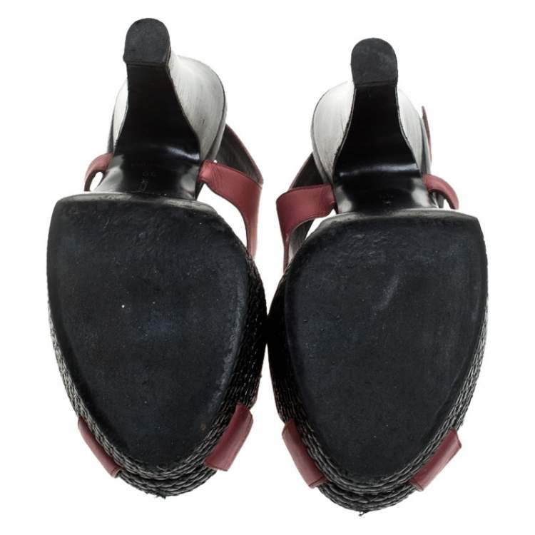 Pre Owned Bottega Veneta Burgundy Leather Peep Toe Platform Slingback Sandals Size 39