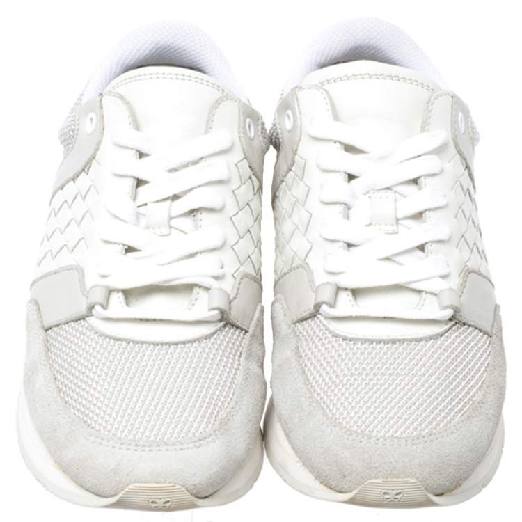 Pre Owned Bottega Veneta White Intrecciato Leather, Mesh and Suede Lace Up Sneakers Size 39.5