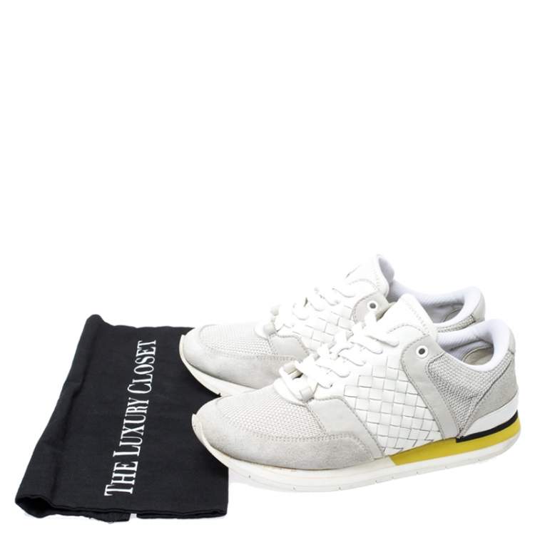 Pre Owned Bottega Veneta White Intrecciato Leather, Mesh and Suede Lace Up Sneakers Size 39.5