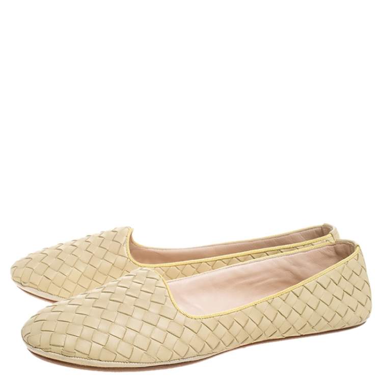 Pre Owned Bottega Veneta Pale Yellow Intrecciato Leather Ballet Flats Size 40