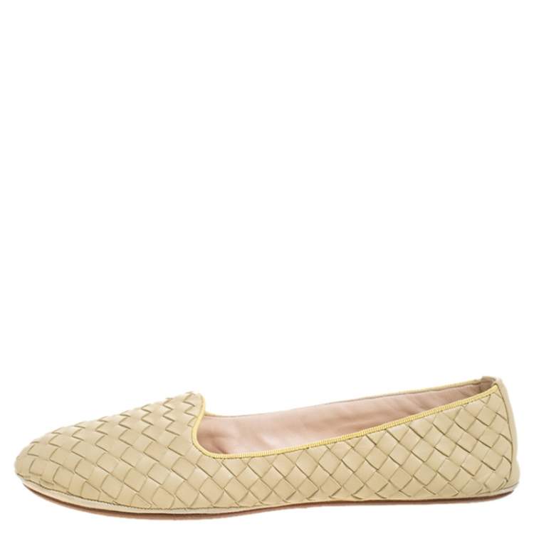 Pre Owned Bottega Veneta Pale Yellow Intrecciato Leather Ballet Flats Size 40