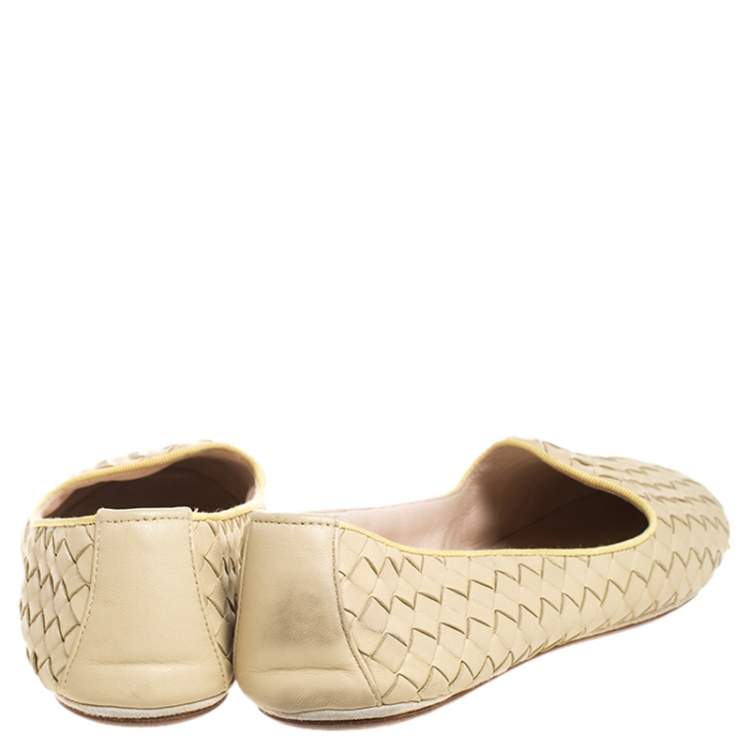 Pre Owned Bottega Veneta Pale Yellow Intrecciato Leather Ballet Flats Size 40
