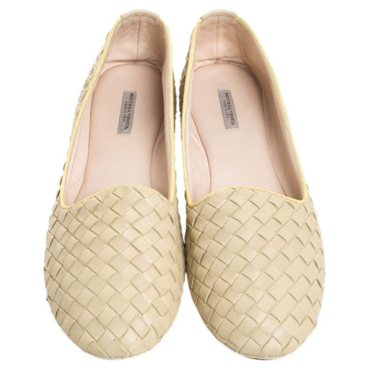 Pre Owned Bottega Veneta Pale Yellow Intrecciato Leather Ballet Flats Size 40