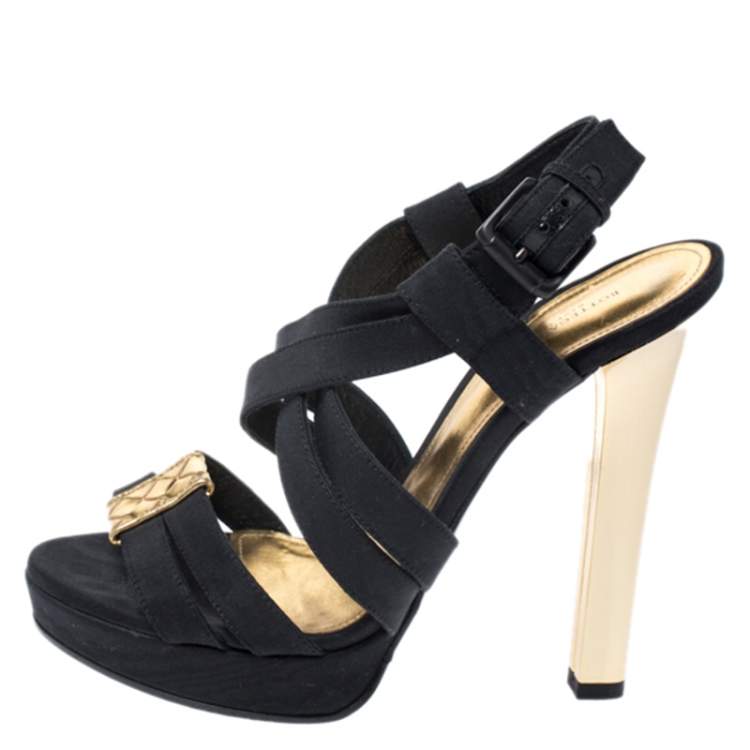 Pre Owned Bottega Veneta Black Fabric And Gold Intrecciato Trim Criss Cross Platform Sandals Size 38
