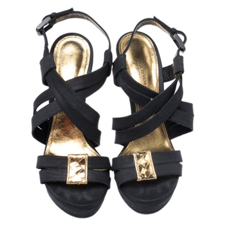 Pre Owned Bottega Veneta Black Fabric And Gold Intrecciato Trim Criss Cross Platform Sandals Size 38