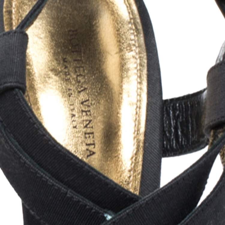 Pre Owned Bottega Veneta Black Fabric And Gold Intrecciato Trim Criss Cross Platform Sandals Size 38