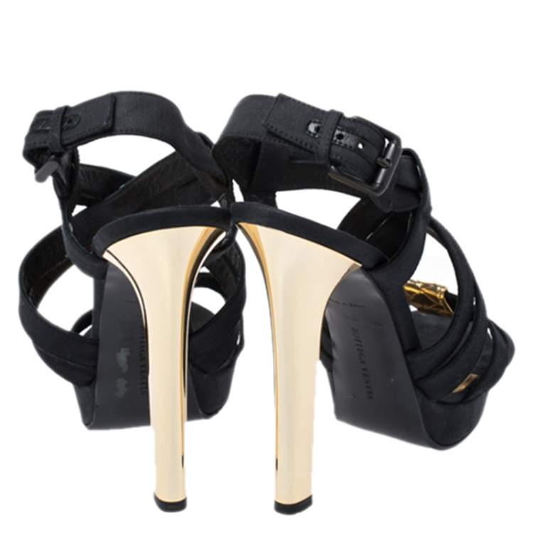 Pre Owned Bottega Veneta Black Fabric And Gold Intrecciato Trim Criss Cross Platform Sandals Size 38