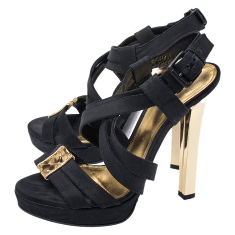 Pre Owned Bottega Veneta Black Fabric And Gold Intrecciato Trim Criss Cross Platform Sandals Size 38
