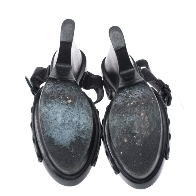 Pre Owned Bottega Veneta Black Leather Open Toe Ankle Strap Wedge Sandals Size 37.5