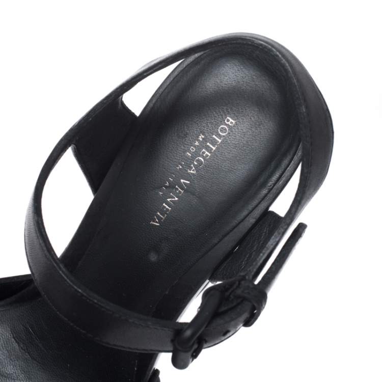Pre Owned Bottega Veneta Black Leather Open Toe Ankle Strap Wedge Sandals Size 37.5