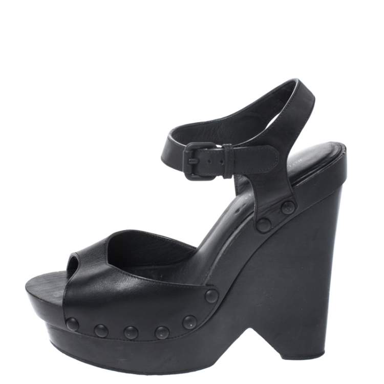 Pre Owned Bottega Veneta Black Leather Open Toe Ankle Strap Wedge Sandals Size 37.5