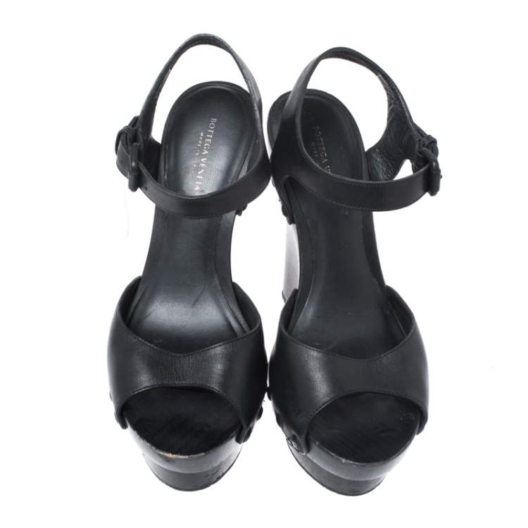 Pre Owned Bottega Veneta Black Leather Open Toe Ankle Strap Wedge Sandals Size 37.5
