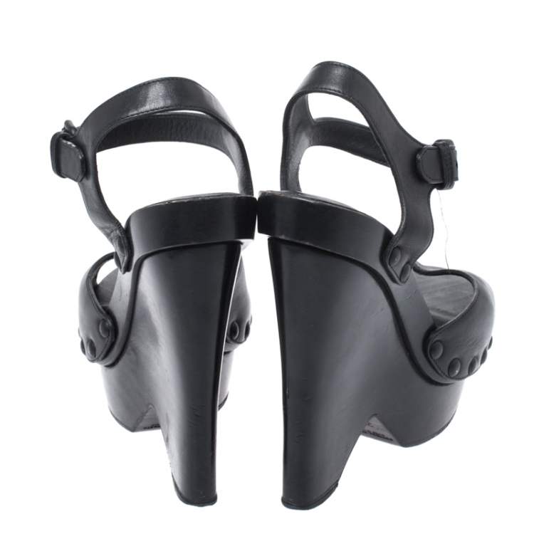 Pre Owned Bottega Veneta Black Leather Open Toe Ankle Strap Wedge Sandals Size 37.5