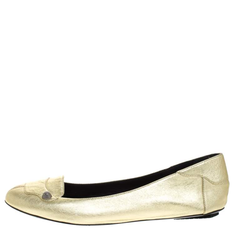 Pre Owned Bottega Veneta Gold Leather Studded Ballet Flats Size 38.5
