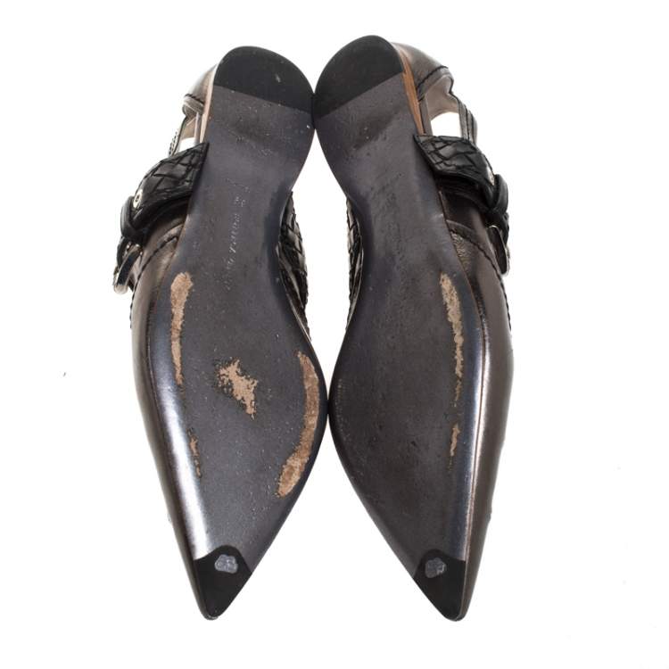 Pre Owned Bottega Veneta Metallic Silver Leather Eyelet Embellished Mary Jane Ballerina Flats Size 39