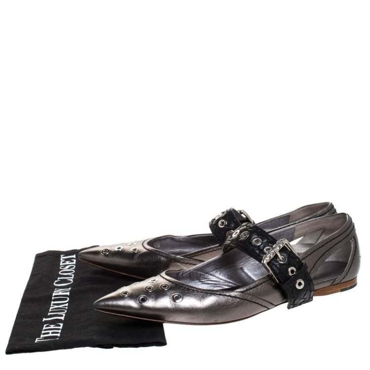 Pre Owned Bottega Veneta Metallic Silver Leather Eyelet Embellished Mary Jane Ballerina Flats Size 39