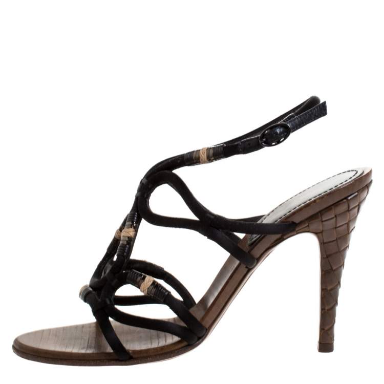 Pre Owned Bottega Veneta Black Satin And Leather Intrecciato Heel Sandals Size 38.5