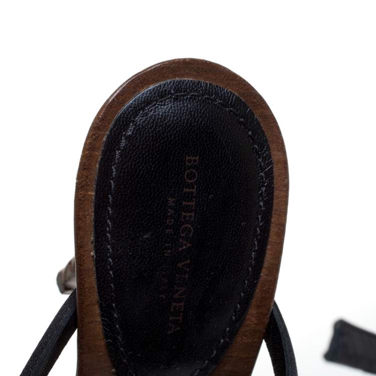 Pre Owned Bottega Veneta Black Satin And Leather Intrecciato Heel Sandals Size 38.5