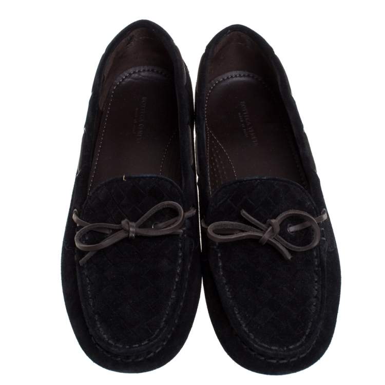 Pre Owned Bottega Veneta Black Intrecciato Suede Bow Slip On Loafers Size 39
